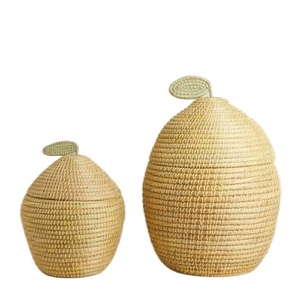 Panier de rangement écologique en jonc de mer orange avec couvercle, design multifonctionnel pour le linge et le rangement - Product Image 3