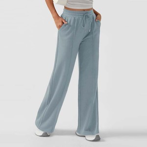 Women's <b>High</b> <b>Waist</b> Wide Leg Pants Solid Color Drawstring Closure Loose Fit Full Length Cotton Terry Casual Trousers Spring Style - Product Image 5