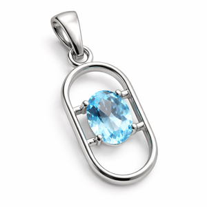 Pendentif ovale en topaze bleue plaqué rhodium en argent sterling, fait main, minimaliste, cadeau tendance pour elle, bijoux de février - Product Image 1