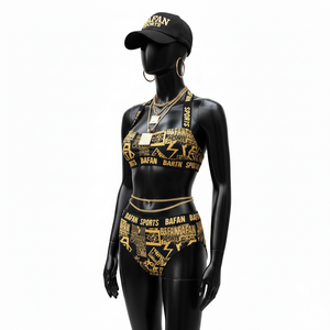 Conjunto de bikini de poli spandex de alta calidad, 190 GSM, negro y dorado, tela elástica con estampado completo, logotipo personalizado, para mujer. - Product Image 1
