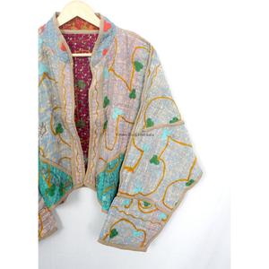 Vintage Women's 100%<b>Kantha</b> <b>Jacket</b> Handmade Indian Embroidered Bohemian Style with openclosure fashionable <b>jackets</b> floral pattern - Product Image 3