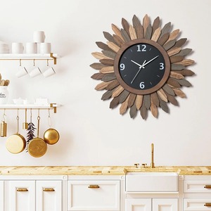 Elegant Wood Sunburst <b>Wall</b> <b>Clock</b> Analog Quartz Rustic Design for Kitchen <b>Decoration</b> At Best Price - Product Image 1