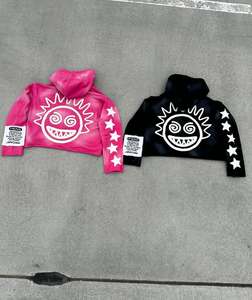Hoodie court zippé pour homme, coupe boxy, délavé à l'acide, avec logo personnalisé, effet soleil, strass et broderie vieillie, style streetwear - Product Image 5