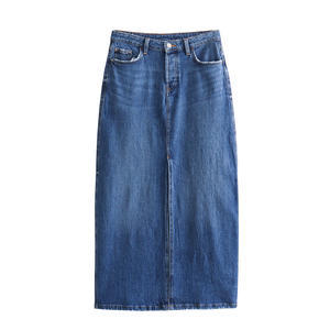 <b>Elastic</b> Split Denim Skirt Summer High Waisted Blue Denim Long Skirt - Product Image 2