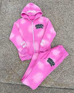 Custom Acid Wash Full Zip <b>Hoodie</b> Jogger Set <b>Lightweight</b> Cotton Blend Solid Casual Streetwear Logo Color Size Packaging - Product Image 1