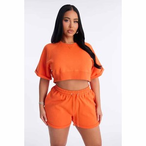 Ensemble de shorts 2 pièces pour femmes, orange, tricoté, décontracté, printemps-été, col rond, manches courtes, couleur unie, coupe régulière - Product Image 4