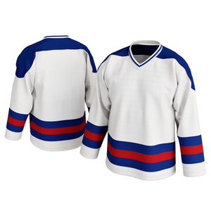 Maillot de hockey sur glace blanc imprimé pour homme avec logo personnalisé, rayures bleues et rouges, col en V, manches longues, polyester, évacuation de l'humidité - Product Image 1