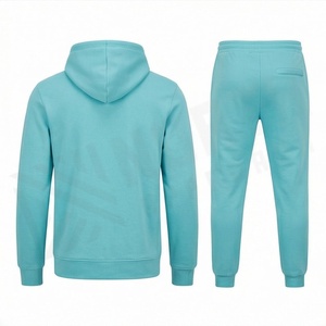 Unisex Light <b>Blue</b> Hooded Tracksuit Set Casual Geometric Pattern Full Length Sweatshirt And Pants With Drawstring Closure - Product Image 2