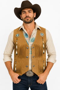 Gilet en daim pour homme, style western cowboy, tendance actuelle, avec franges et détails perlés |   Fabricant OEM personnalisé - Product Image 4
