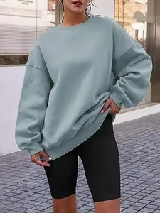 Sweat-shirt ample à col rond pour femme AMS SPORTS INTL, bleu clair, épaules tombantes, manches longues, patchwork, respirant, en coton tricoté - Product Image 2