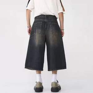 Shorts en jean vintage pour homme, style streetwear estival, jorts personnalisés, coupe ample, effet usé, en coton foncé, broderie décorative, jean clair - Product Image 2