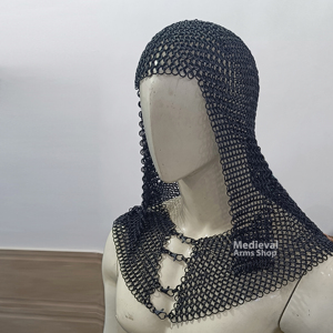 Coif de chevalier médiéval fait main en maille de fer à anneaux boutés en acier doux, à ouverture frontale, pour protection tête et cou, pour reconstitution historique - Product Image 3