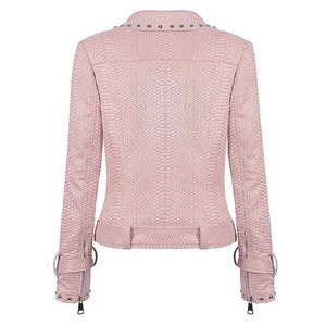 Pink Genuine Leather Motorcycle Jacket <b>Women</b> Rivet Zipper Biker <b>Coat</b> Silk Lining Quick Dry - Product Image 2