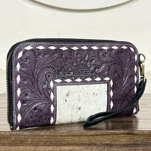 Handcrafted Stylish Full Tooled Genuine Cowhide Fur Leather Women <b>Zip</b> Clutch Purse Card Holder Travel Multi Uese Western <b>Wallet</b> - Product Image 4