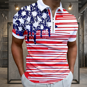 Polo de Manga Corta para Hombre, Rojo, Blanco y Azul, Estampado Digital, con Cierre, Informal, Transpirable, de Punto - Product Image 5