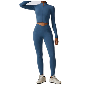 Women's 2-Piece Gym Fitness Set Turtleneck Long Sleeve Top High Waist Leggings <b>Zip</b>-<b>Up</b> Closure Non-Convertible Straps Seamless - Product Image 1