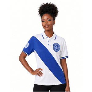 Zeta Phi Beta <b>Women</b> Premium Pique <b>Polo</b> Shirt White Royal Blue Diagonal Panel Embroidered Crest Sleeve Number Button Placket - Product Image 3