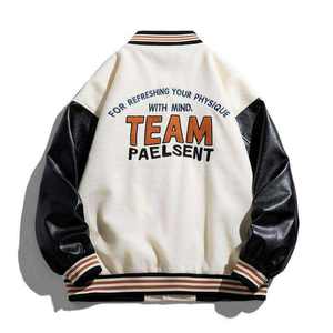 Veste de haute qualité pour homme à épaules tombantes, manches en cuir PU, logo brodé, fermeture à boutons sur le devant, veste varsity old school - Product Image 2