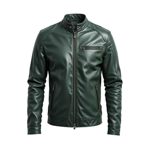 Veste de moto en PU pour homme de qualité supérieure, col montant, fermeture éclair, coupe ajustée, couleur unie, veste de moto d'automne respirante - Product Image 2