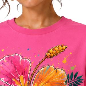 Camiseta Extra Grande Rosa Intenso para Mujer con Estampado Gráfico de Flor de Hibisco Colorida, Camiseta Casual de Algodón para Verano, Personalizada OEM ODM al por Mayor - Product Image 5