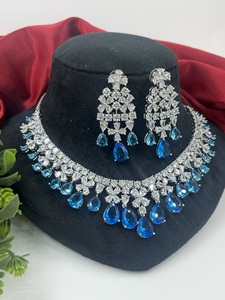 Parure de bijoux en zircon cubique plaqué argent, collier et boucles d'oreilles en zircon bleu taille poire, imitation bijoux de mariage pour femme - Product Image 4