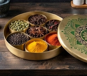 Juego de Recipientes Redondos Dorados Artesanales para Especias con Tapa de Mandala, Organizador de Cocina Bohemio, Hecho a Mano en Metal - Product Image 5