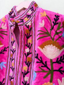 Veste matelassée vintage en velours rose faite à la main pour femmes, avec broderie florale, col mandarin, manches longues en coton, vêtement d'extérieur - Product Image 6