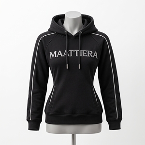 Sweat à capuche noir pour femme MAATTIERRA avec broderie blanche et passepoil contrastant, coupe ajustée personnalisée, streetwear, vente en gros - Product Image 3