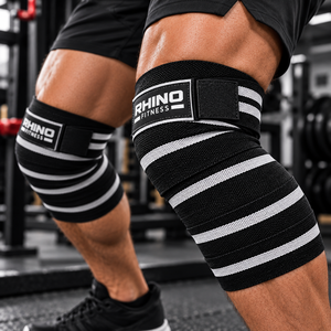 RHINO FITNESS Adjustable Unisex Nylon Knee <b>Wraps</b> Stabilizer Hook Loop Strap Black <b>White</b> Leg Support - Product Image 2