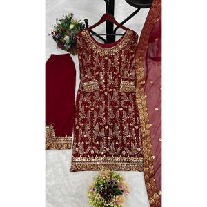 Conjunto de Top y Pantalón de Fiesta Rosa Oscuro para Mujer de Diseñador JD y Hermoso Dupatta, Talla M - Product Image 1
