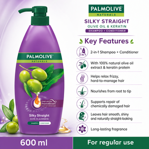 Palmolive Naturals Silky Straight Olive Oil & Keratin <b>Shampoo</b> 600ml | 2-in-1 Smoothing Straightening - Product Image 2