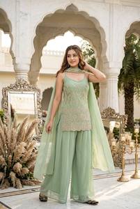 Women's Premium Loose Faux Georgette Embroidered Kurta Palazzo Set <b>Sequin</b> Pearl Handwork Dupatta | Fully Stitched Indian Ethnic - Product Image 2