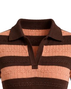 Combinaison en tricot rayée marron chocolat et pêche pour femme, manches courtes, col polo, en coton, décontractée, été, coupe ajustée - Product Image 6