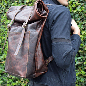Sac à dos en cuir véritable à fermeture enroulable, imperméable, en cuir de vachette, sac à dos de voyage pour homme, sac pour ordinateur portable pour l'exploration urbaine LTBP-0099 - Product Image 1