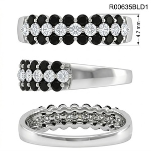 Superbe bague en or blanc massif 18 carats avec diamants noirs et blancs, taille ronde, pavé 3 rangs, alliance d'anniversaire, bijoux fins, vente en gros - Product Image 5