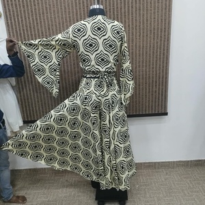 <b>Women</b> <b>Boho</b> Geometric Print V Neck Bell Sleeve Maxi <b>Dress</b> High Waist Loose Casual Floor Length Outfit - Product Image 3