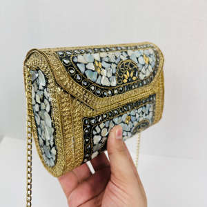 Antiguo oro estilo Vintage aluminio mosaico hecho a mano embrague Sling Bag diseño moderno pulido escultura Chip piedra monedero elegante - Product Image 6
