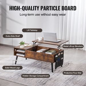 Tavolino rettangolare marrone con tasche portaoggetti extra e piano sollevabile per soggiorno - Product Image 5