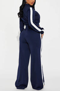 Ensemble de survêtement d'hiver pour femme, bleu marine imprimé, veste zippée à manches longues, pantalon large, sweat à capuche uni avec rayures blanches - Product Image 6