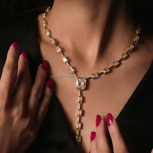 Emerald Cut Diamond <b>Necklace</b> in Yellow Gold with Drop Pendant, Elegant <b>Statement</b> <b>Necklace</b>, Luxury Bridal Fine Jewelry for Women - Product Image 4