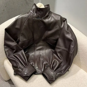 2026 Custom Fashion Loose Fit Real <b>Leather</b> Canvas Stand Collar Eco-Friendly Windproof <b>Jacket</b> for Women Streetwear - Product Image 4