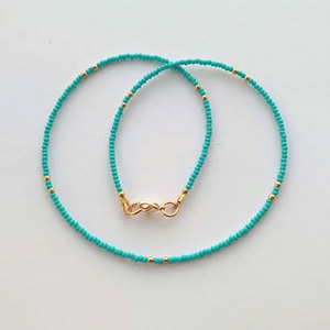 Handmade Turquoise <b>Beaded</b> Necklace <b>Set</b> Gold Accent Layered Choker Boho Adjustable Jewelry Gift - Product Image 1