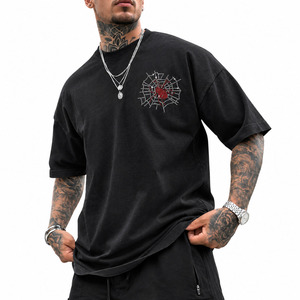 Camiseta Negra Oversize para Hombre, Manga Corta, Cuello Redondo, Estilo Urbano, Diseño Bordado de Telaraña, Algodón Jersey - Product Image 1