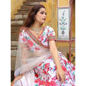 Séduisant blanc cassé imprimé floral Art soie Sangeet Wear Lehenga Choli pour femmes pour les événements traditionnels - Product Image 3