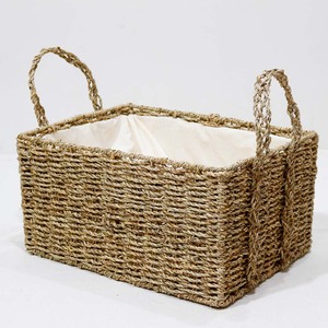 Panier de rangement rectangulaire en jonc de mer tressé artisanal avec doublure en tissu et poignées - Product Image 3
