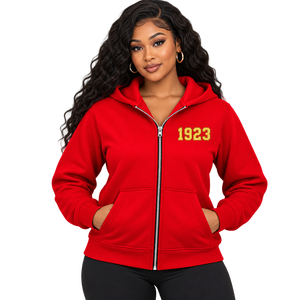 Sweat-shirt à capuche zippé pour femme PDK avec broderie du blason, confortable et tendance, avec poches avant - Product Image 1