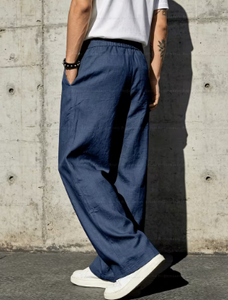 Pantalones Anchos Azul Marino para Hombre, Cintura Elástica con Cordón, Pantalones Casuales Holgados con Bolsillos Laterales - Product Image 2