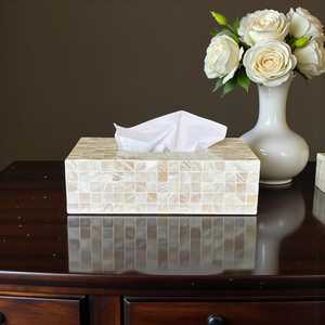 Handmade Mother of Pearl Inlay Tissue <b>Box</b> Cover: Ivory Mosaic Nacre Design <b>Floral</b> Geometric Mother of Pearl Inlay Tissue <b>Box</b> - Product Image 2
