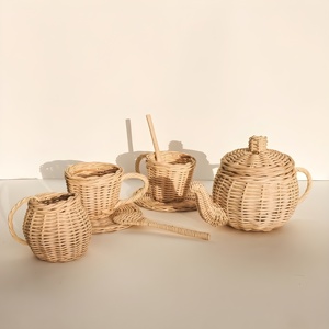 Juego de té infantil de madera, juguetes de mimbre natural con tetera y taza en forma de bellota - Product Image 3