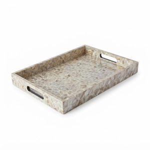 Plateau en rotin artisanal en nacre, écologique, en osier naturel, avec incrustation de coquillages de luxe, carré, pour service et décoration, vente en gros - Product Image 3